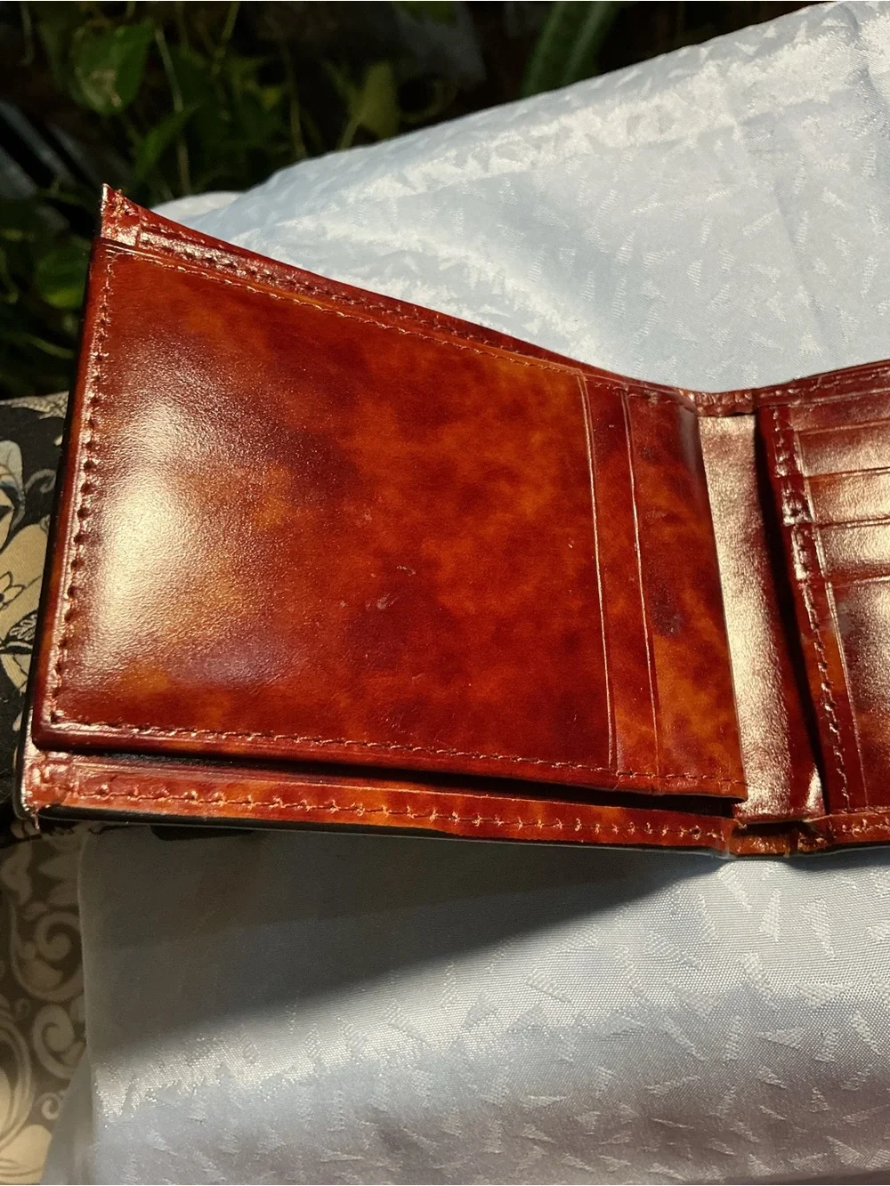 Men's Leather Bi-Fold Card Wallet in Burnt Orange/brown